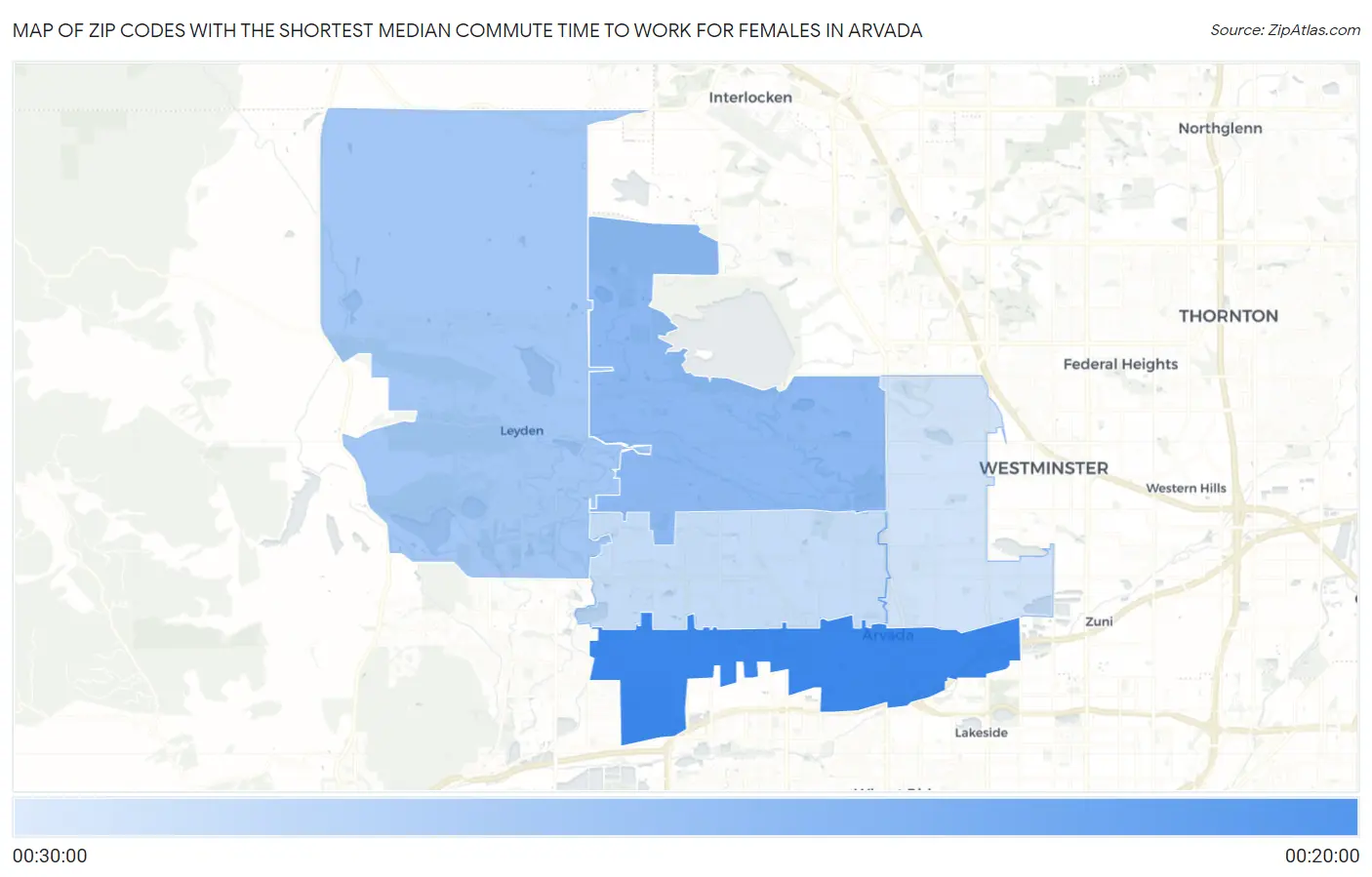 Zip Codes with the Shortest Median Commute Time to Work for Females in Arvada Map