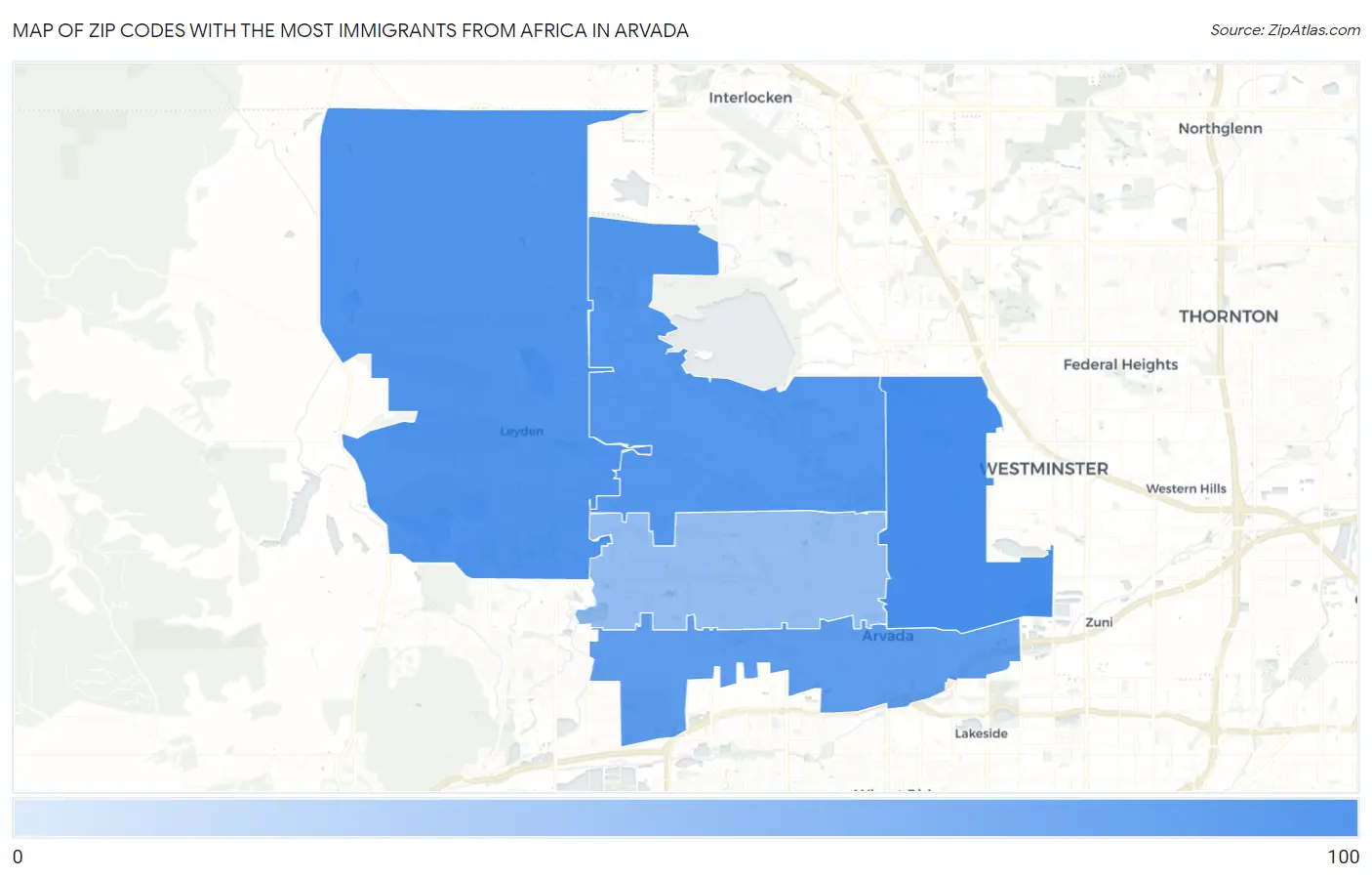 Zip Codes with the Most Immigrants from Africa in Arvada Map