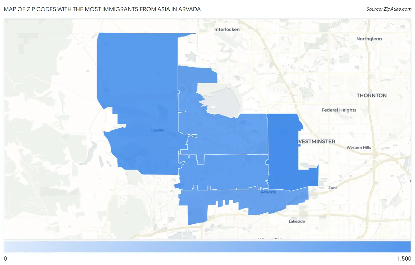 Zip Codes with the Most Immigrants from Asia in Arvada Map