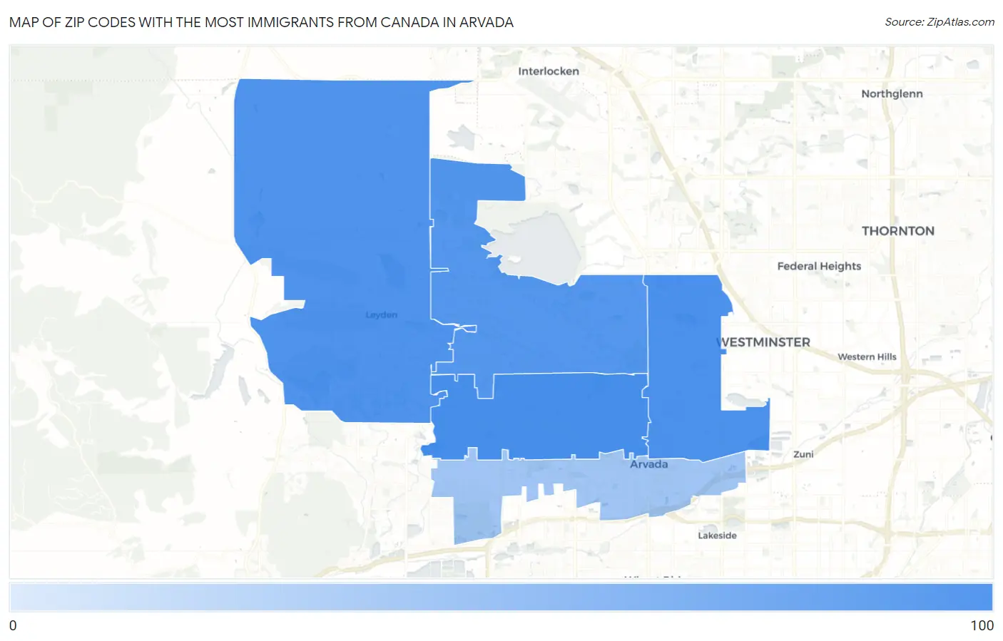 Zip Codes with the Most Immigrants from Canada in Arvada Map