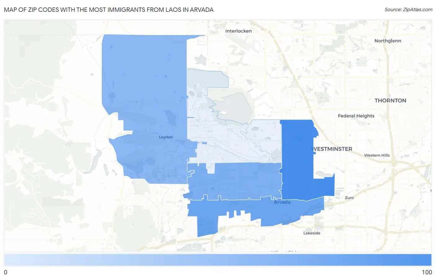 Zip Codes with the Most Immigrants from Laos in Arvada Map