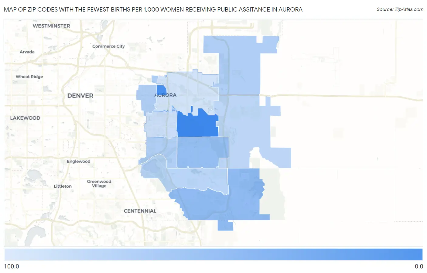 Zip Codes with the Fewest Births per 1,000 Women Receiving Public Assitance in Aurora Map