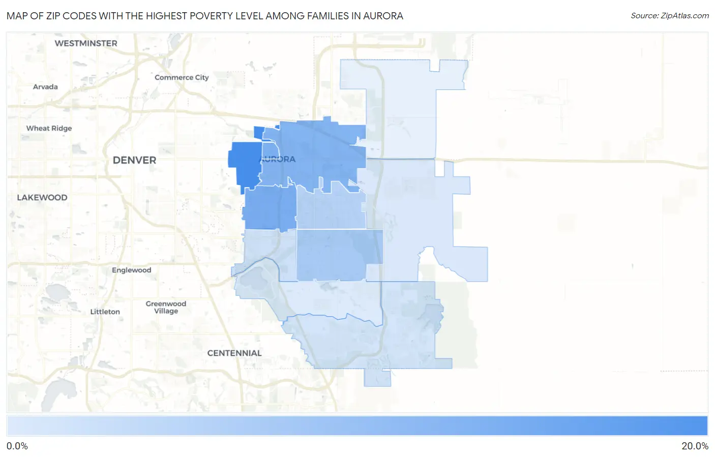 Zip Codes with the Highest Poverty Level Among Families in Aurora Map