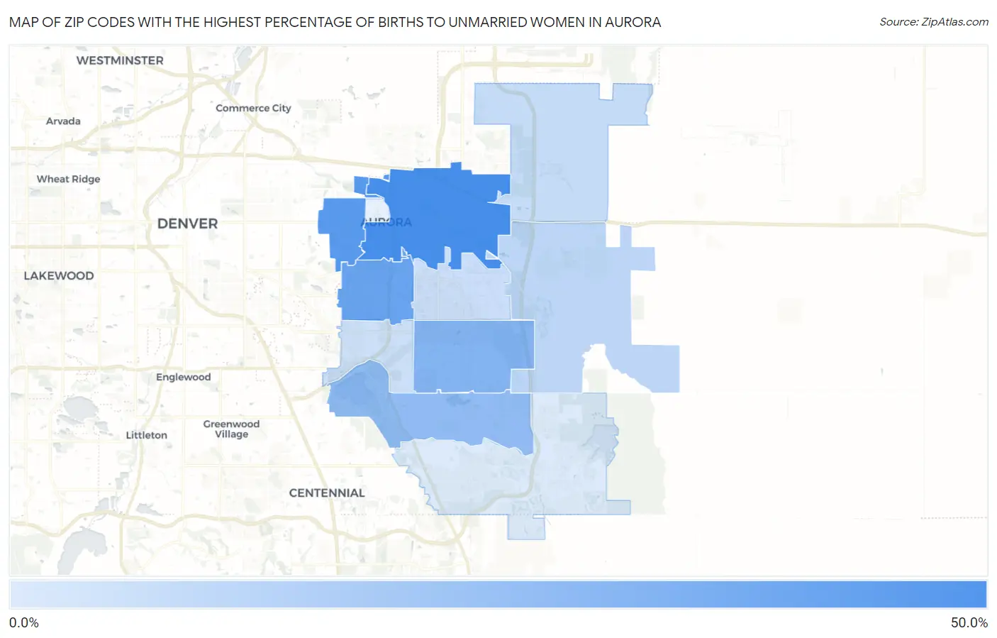 Zip Codes with the Highest Percentage of Births to Unmarried Women in Aurora Map