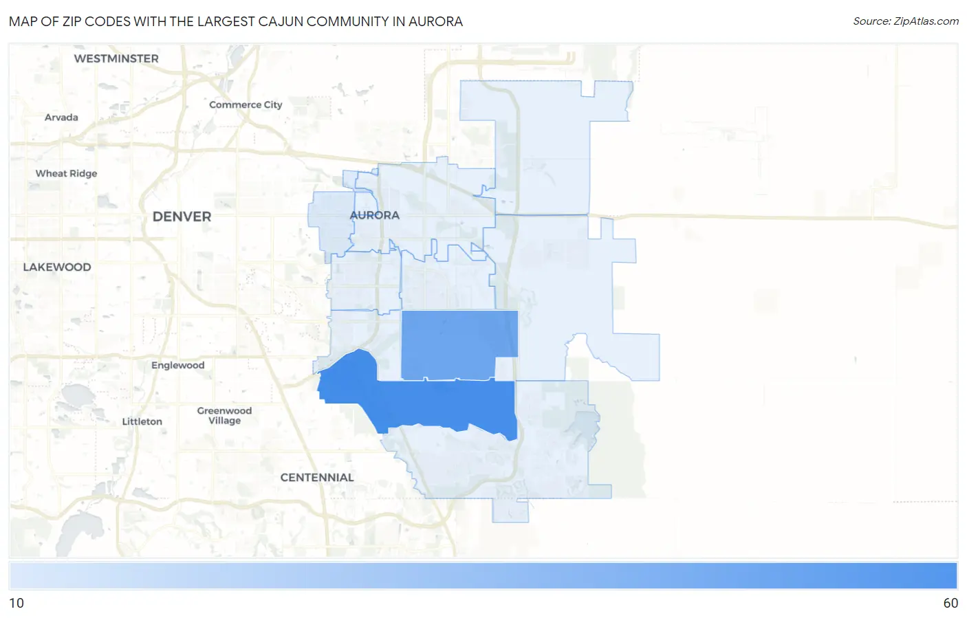 Zip Codes with the Largest Cajun Community in Aurora Map