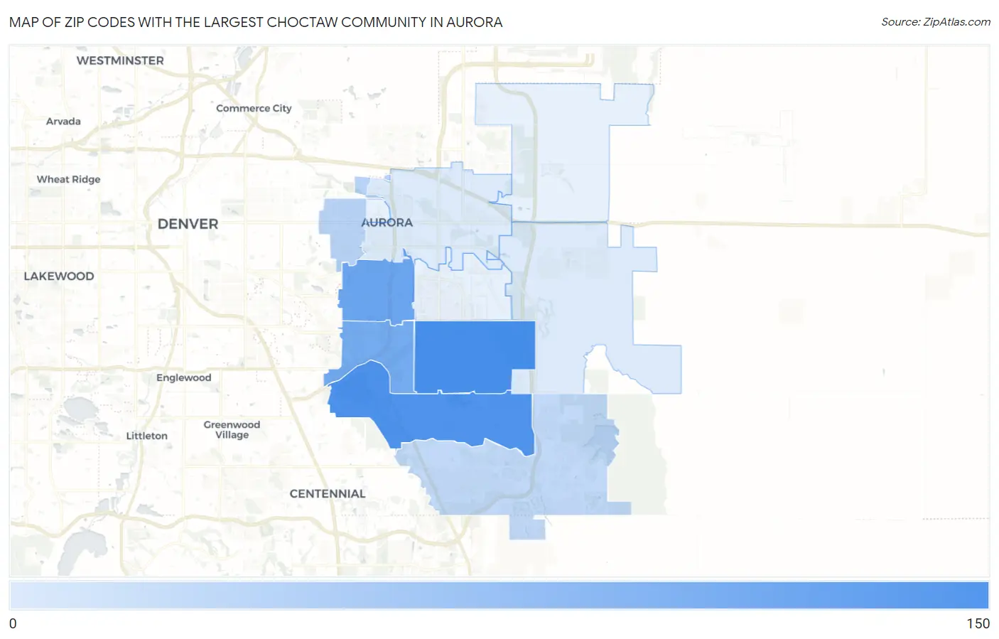 Zip Codes with the Largest Choctaw Community in Aurora Map
