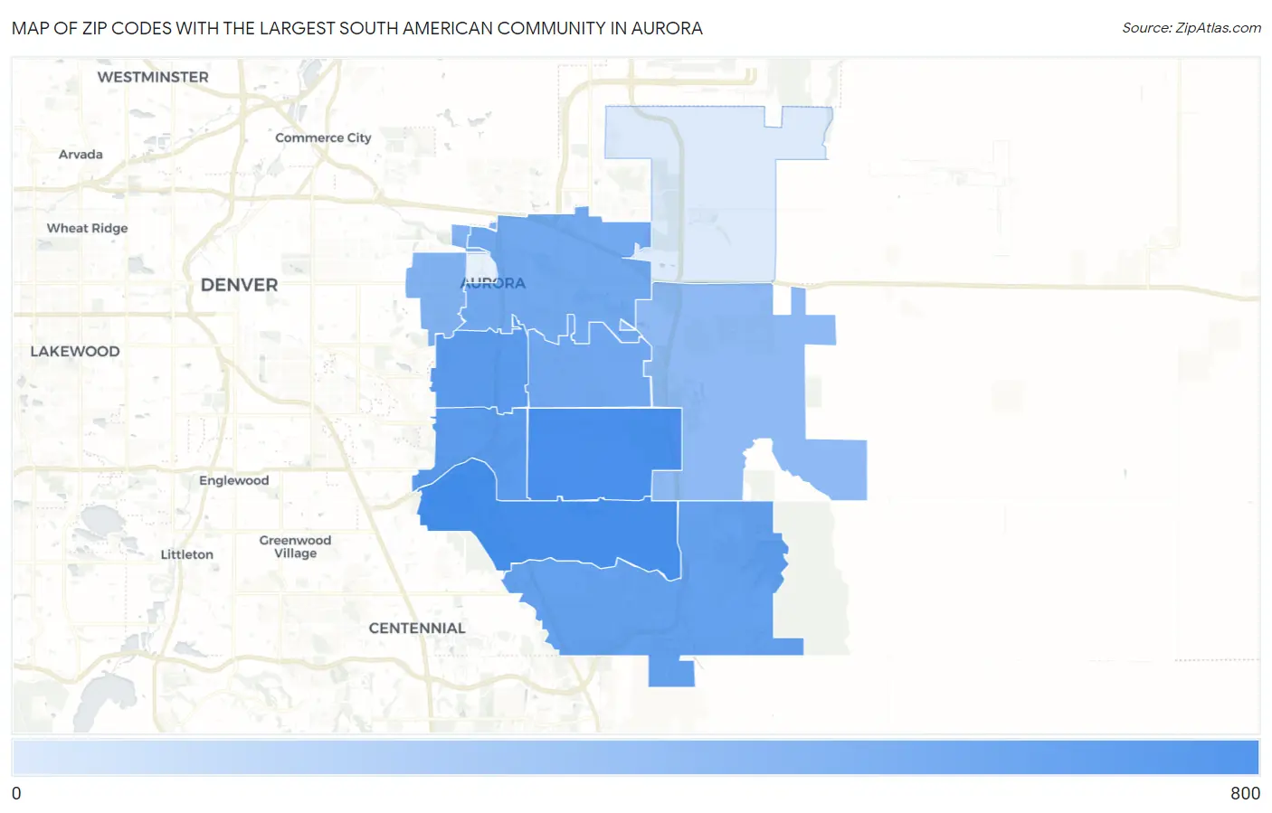 Zip Codes with the Largest South American Community in Aurora Map