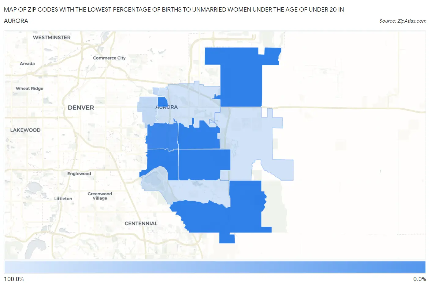Zip Codes with the Lowest Percentage of Births to Unmarried Women under the Age of under 20 in Aurora Map