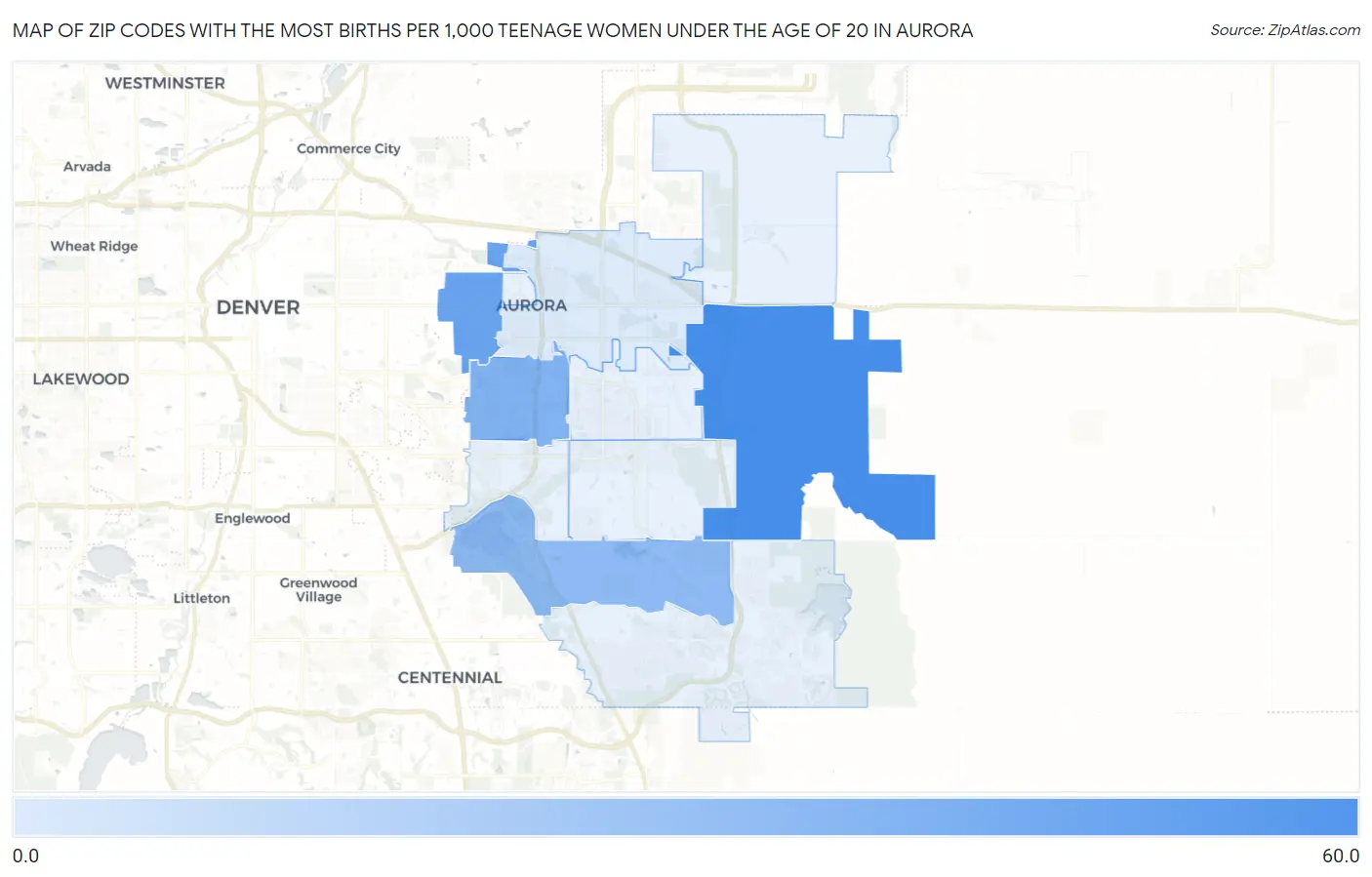 Zip Codes with the Most Births per 1,000 Teenage Women Under the Age of 20 in Aurora Map