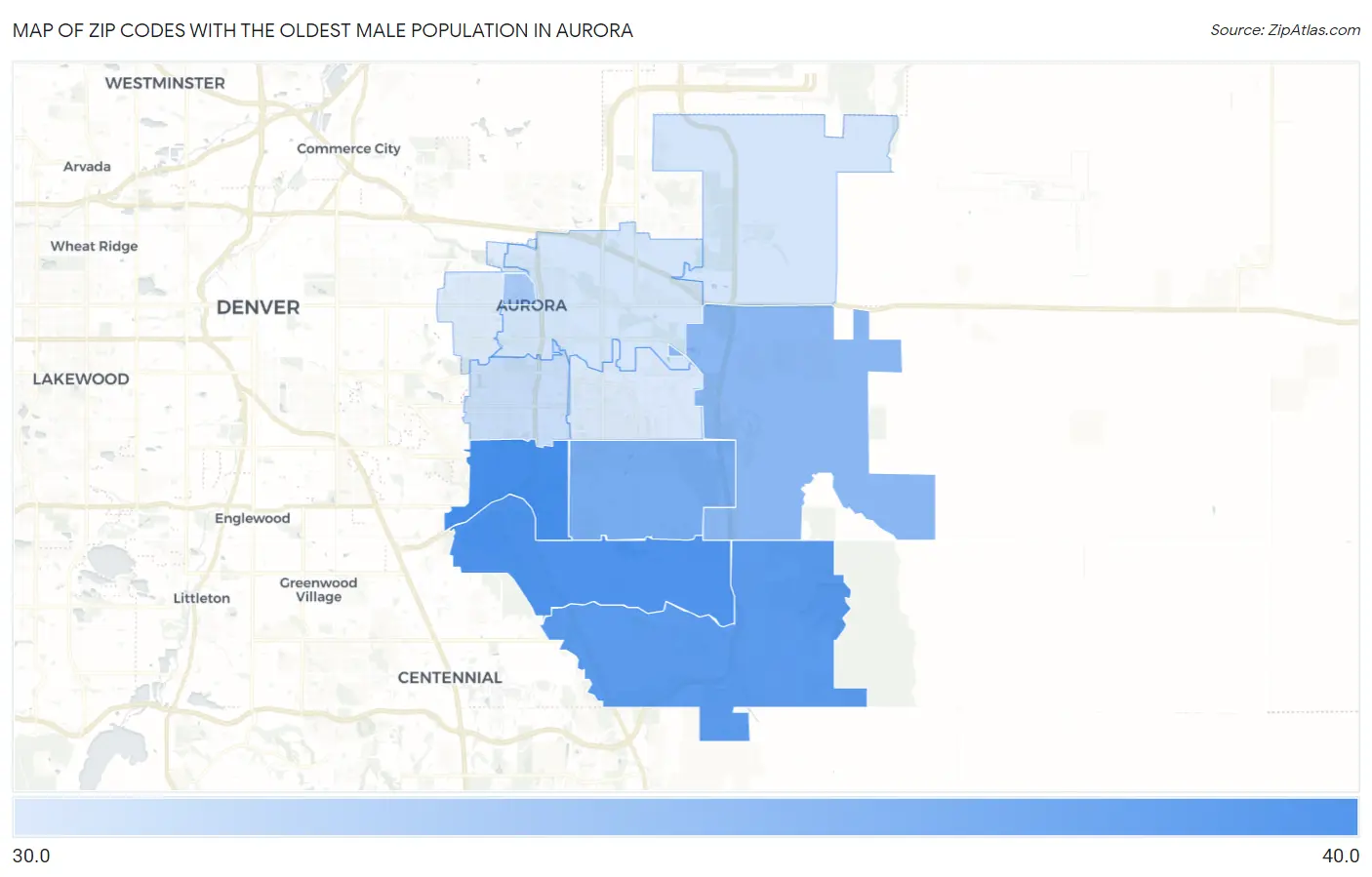 Zip Codes with the Oldest Male Population in Aurora Map