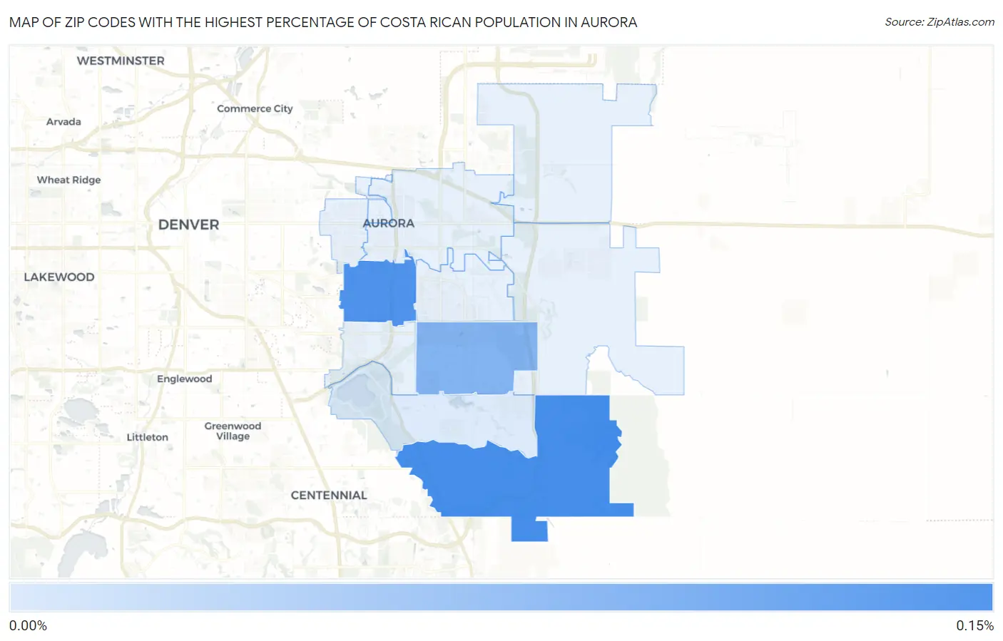 Zip Codes with the Highest Percentage of Costa Rican Population in Aurora Map