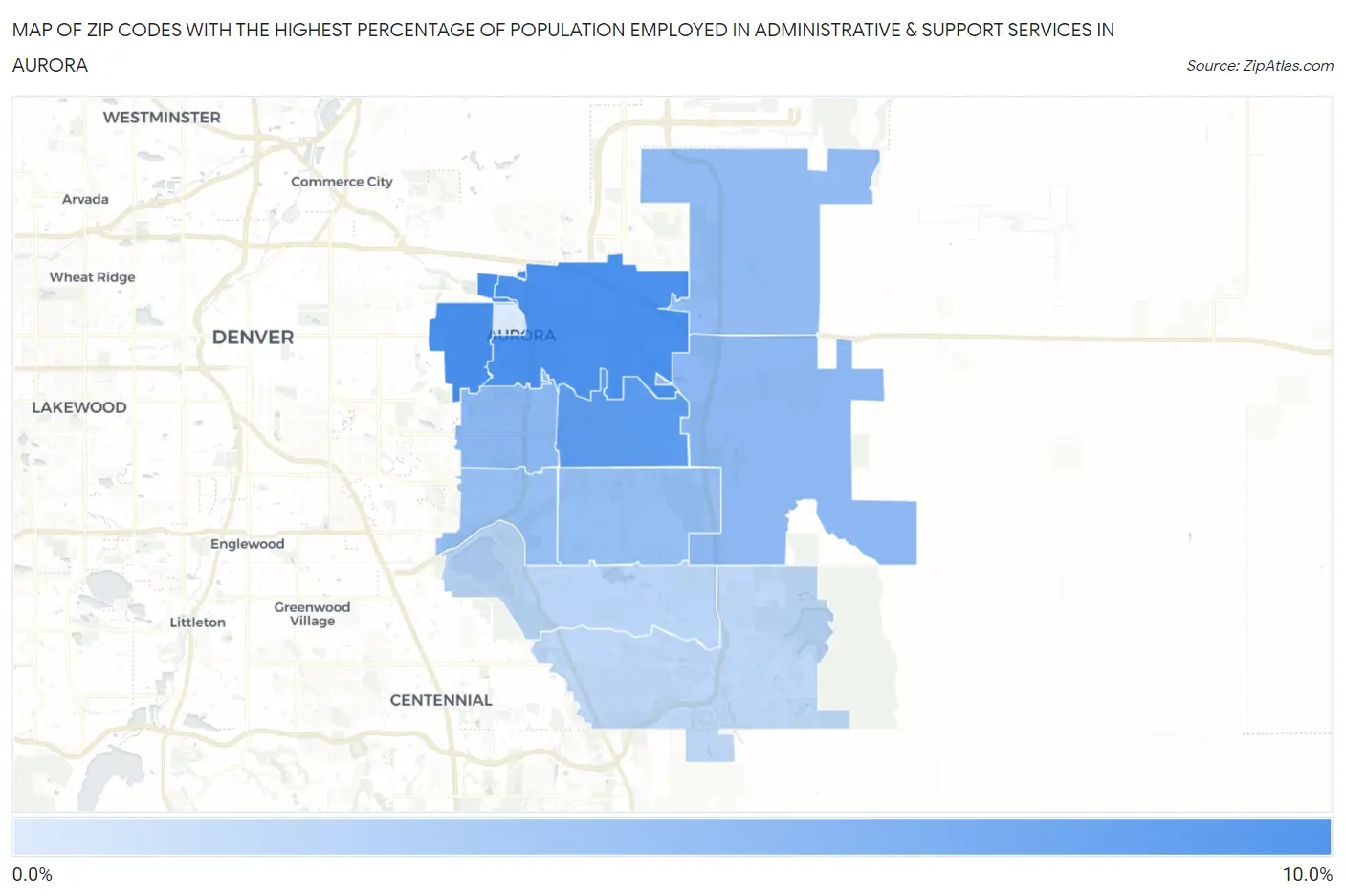 Zip Codes with the Highest Percentage of Population Employed in Administrative & Support Services in Aurora Map