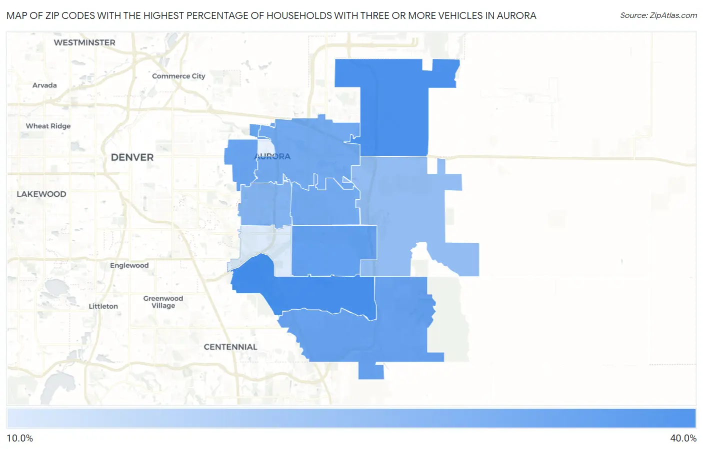 Zip Codes with the Highest Percentage of Households With Three or more Vehicles in Aurora Map