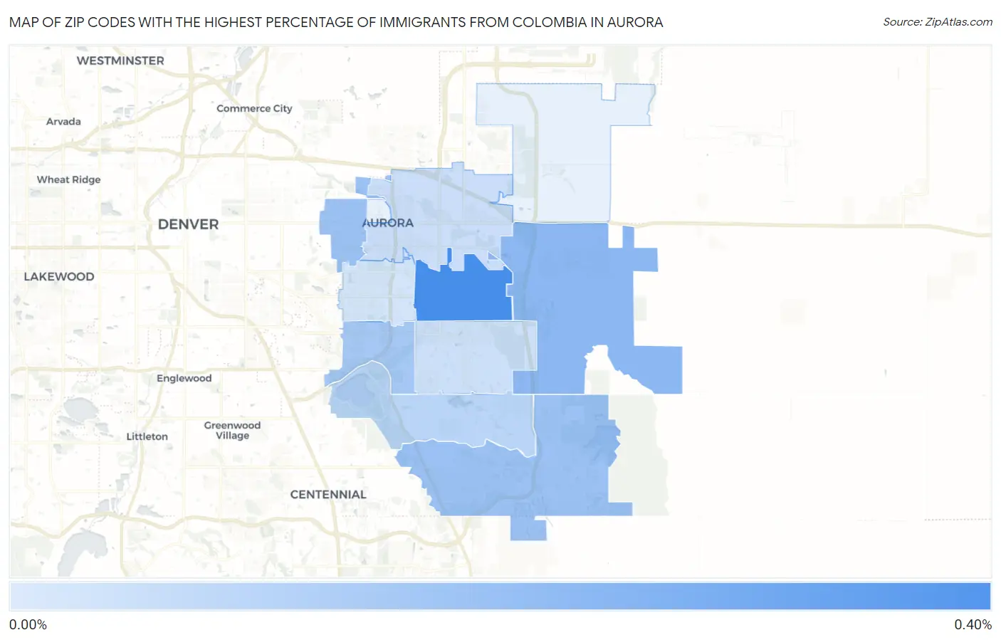 Zip Codes with the Highest Percentage of Immigrants from Colombia in Aurora Map