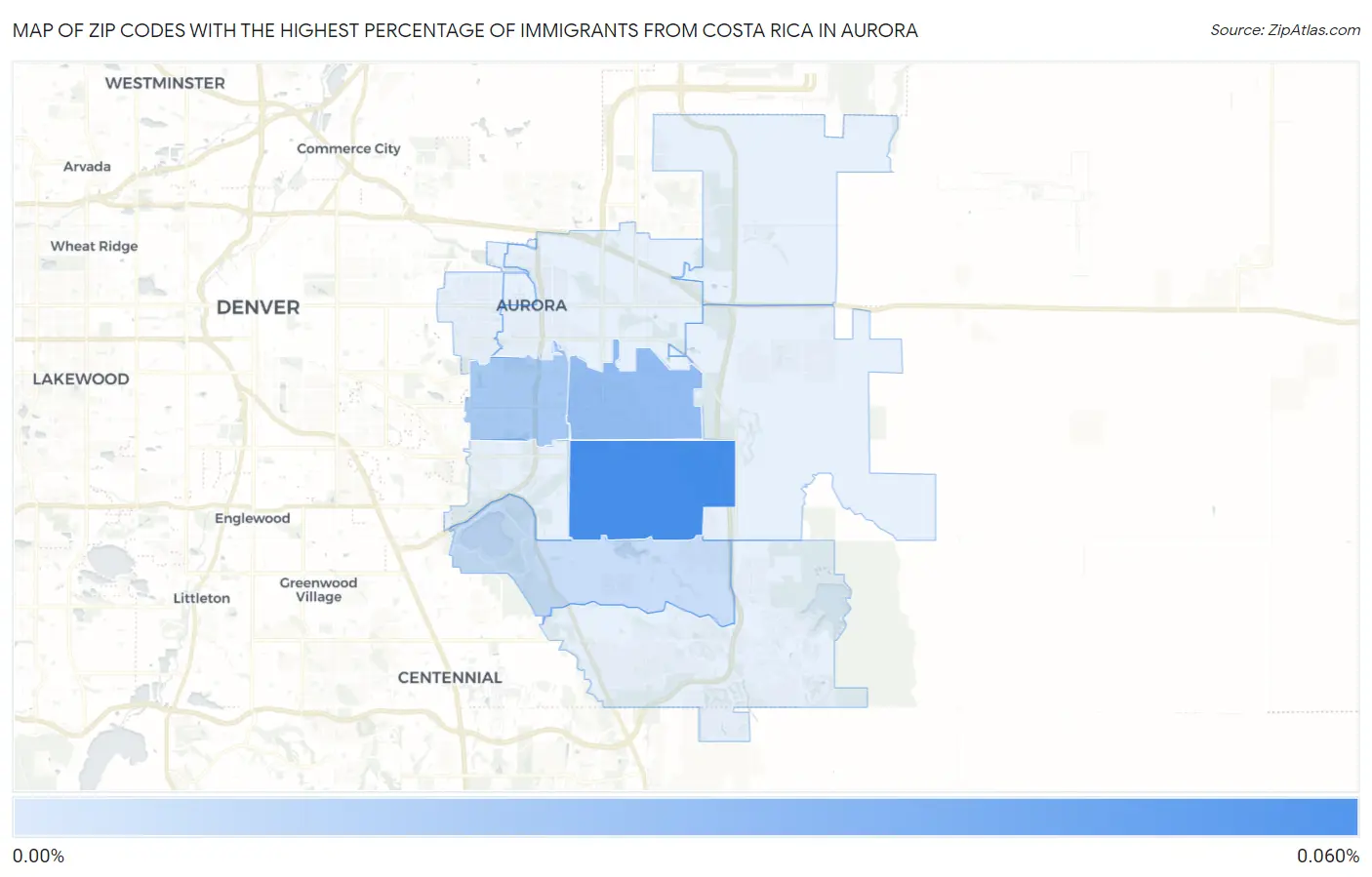 Zip Codes with the Highest Percentage of Immigrants from Costa Rica in Aurora Map