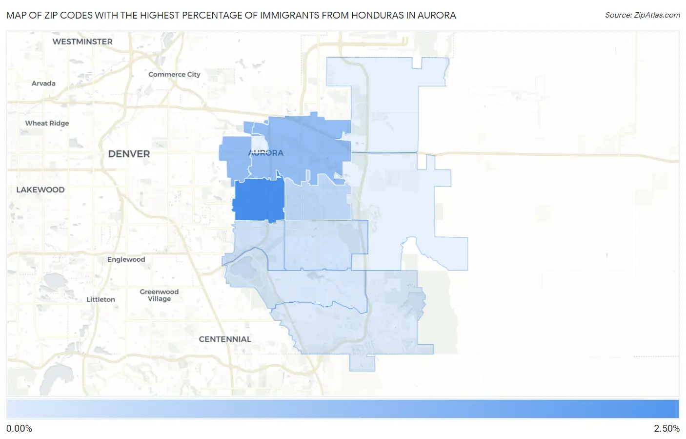 Zip Codes with the Highest Percentage of Immigrants from Honduras in Aurora Map