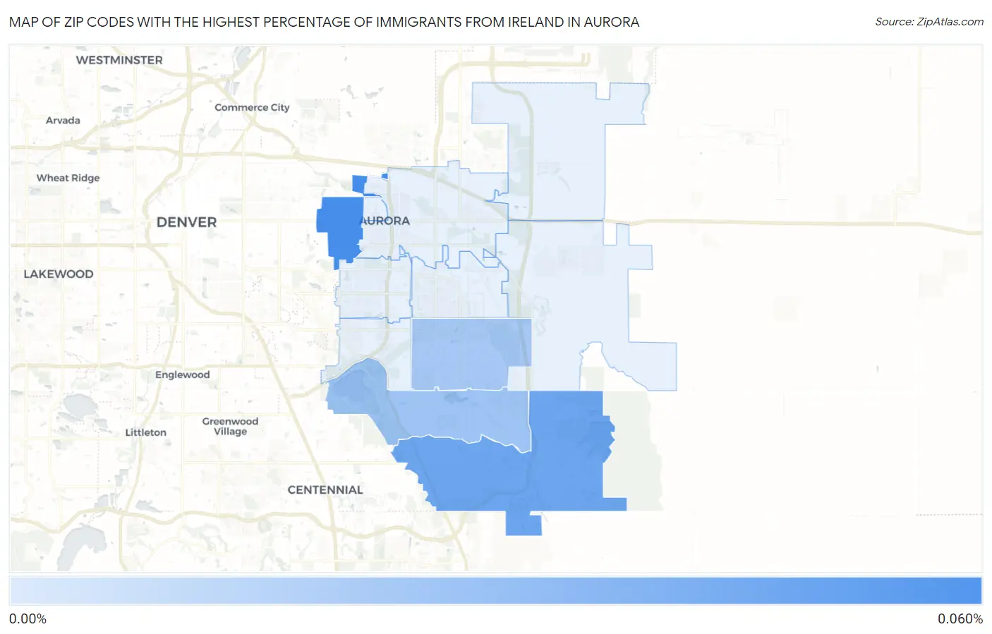 Zip Codes with the Highest Percentage of Immigrants from Ireland in Aurora Map