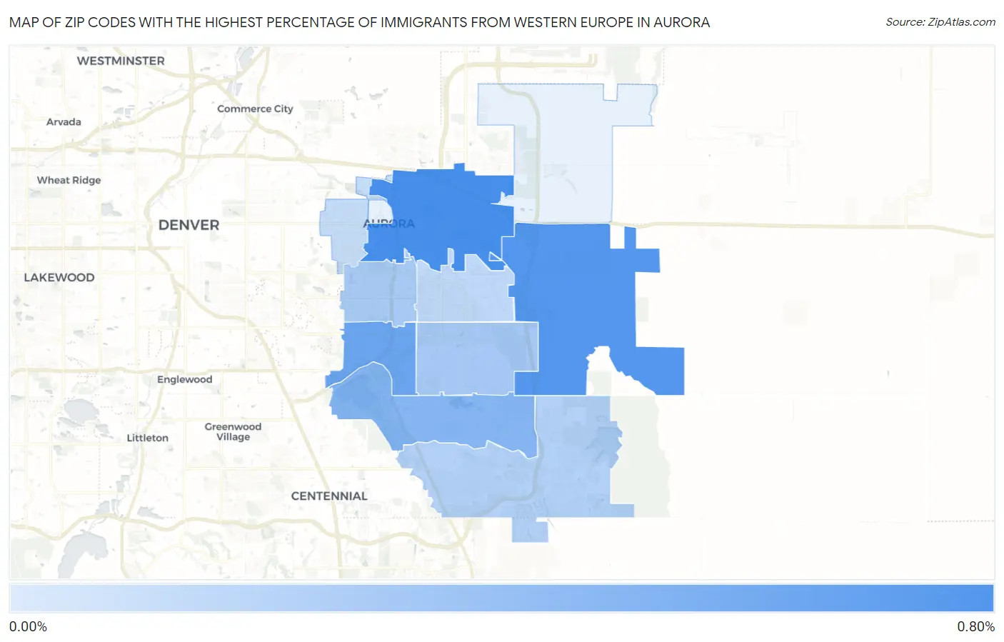 Zip Codes with the Highest Percentage of Immigrants from Western Europe in Aurora Map