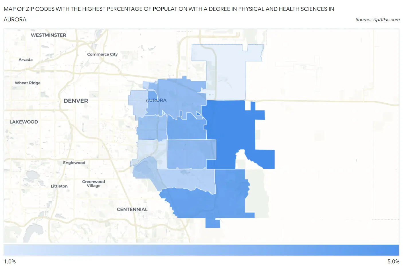 Zip Codes with the Highest Percentage of Population with a Degree in Physical and Health Sciences in Aurora Map