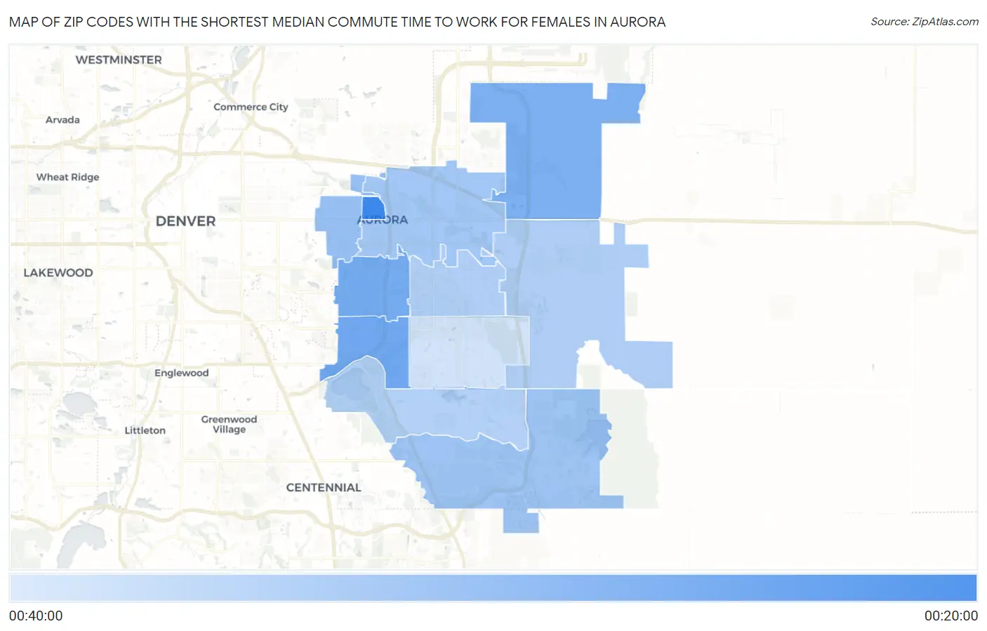 Zip Codes with the Shortest Median Commute Time to Work for Females in Aurora Map