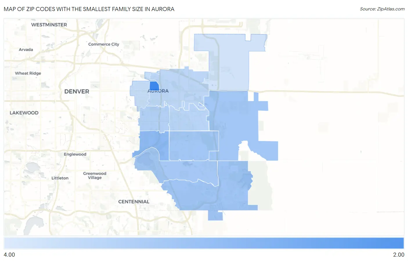 Zip Codes with the Smallest Family Size in Aurora Map