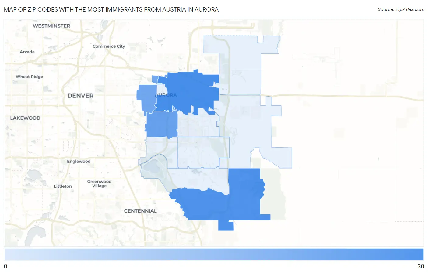 Zip Codes with the Most Immigrants from Austria in Aurora Map