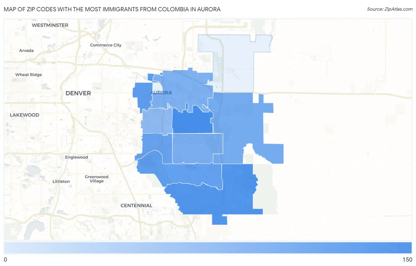 Zip Codes with the Most Immigrants from Colombia in Aurora Map