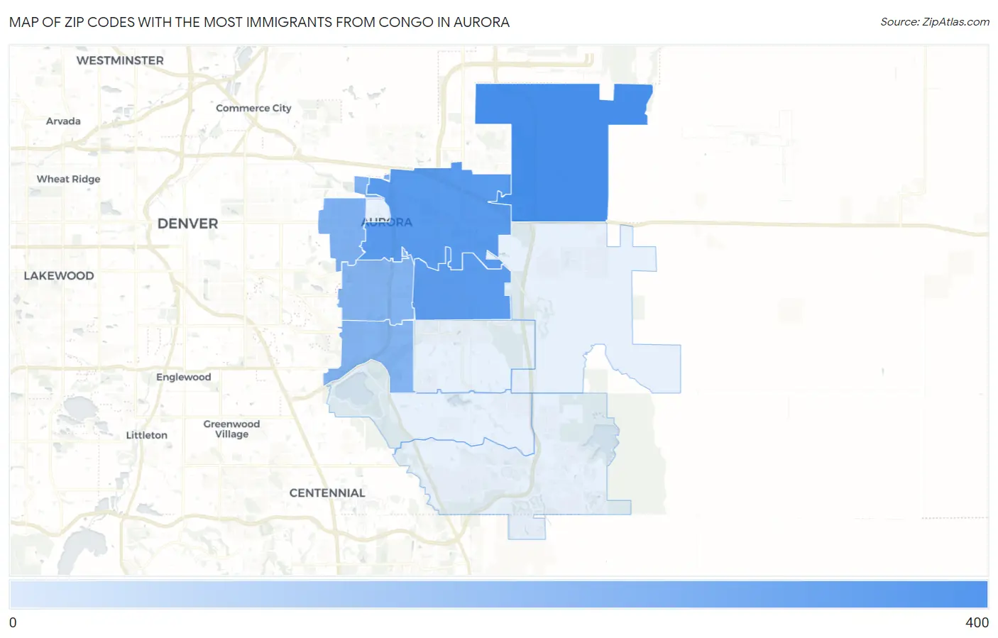 Zip Codes with the Most Immigrants from Congo in Aurora Map
