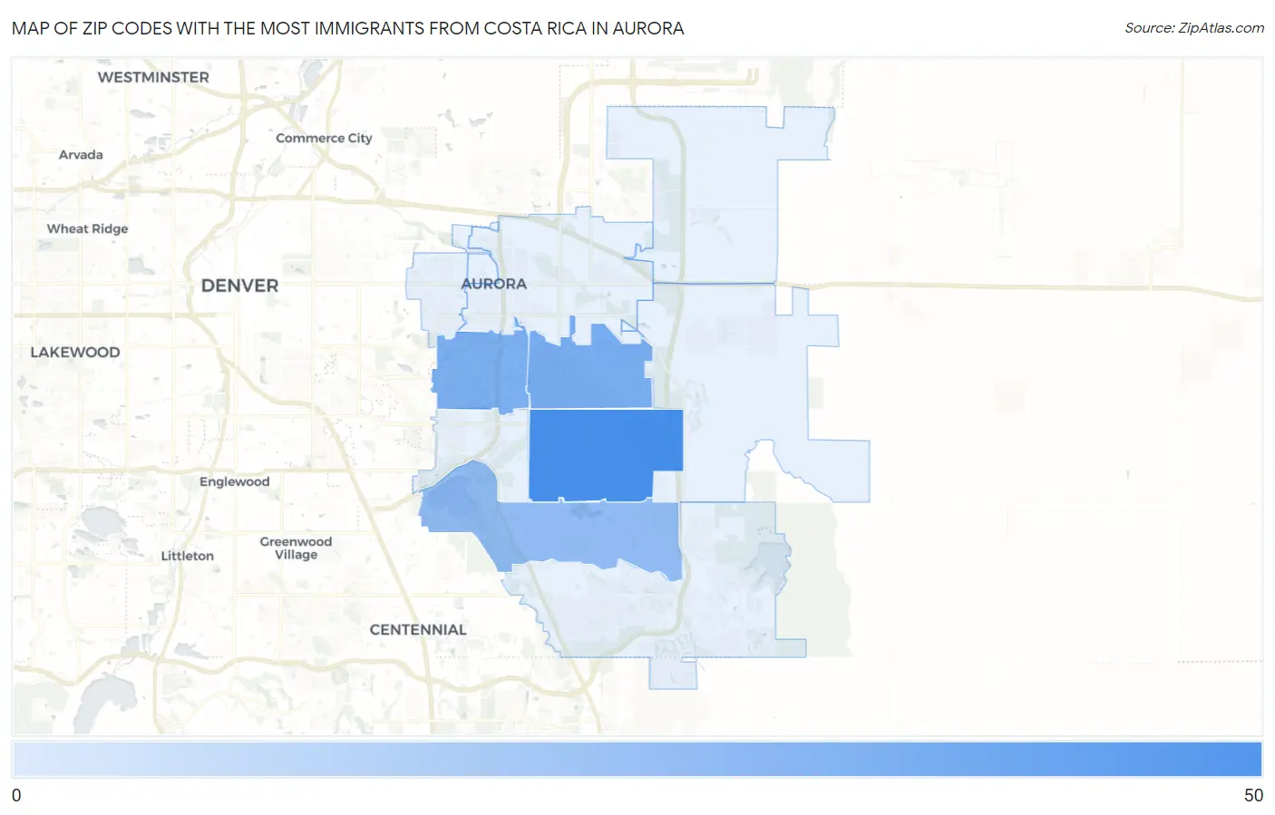 Zip Codes with the Most Immigrants from Costa Rica in Aurora Map