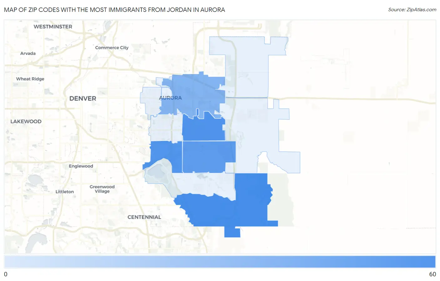 Zip Codes with the Most Immigrants from Jordan in Aurora Map