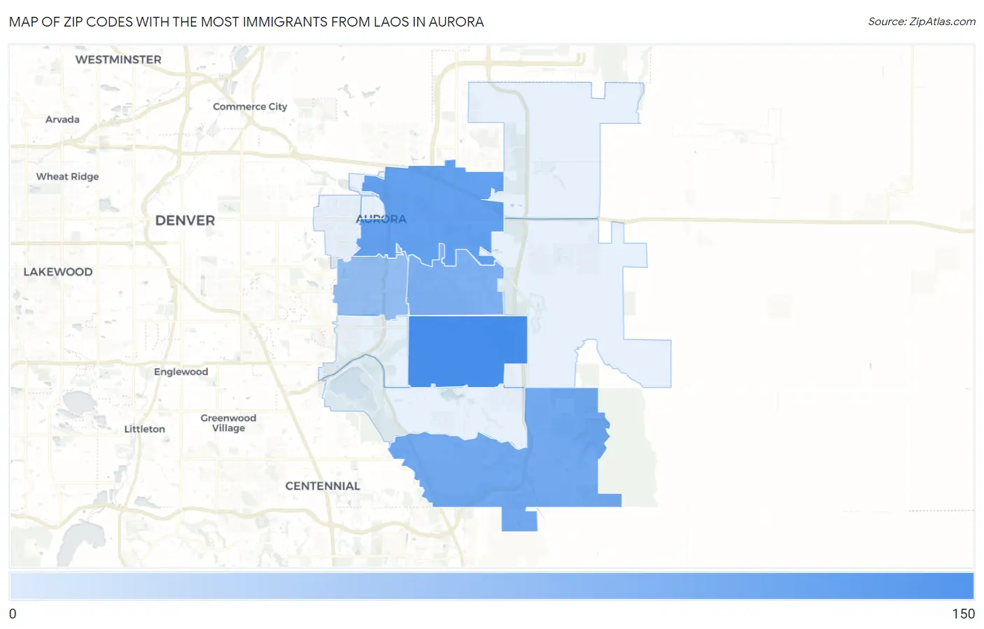 Zip Codes with the Most Immigrants from Laos in Aurora Map