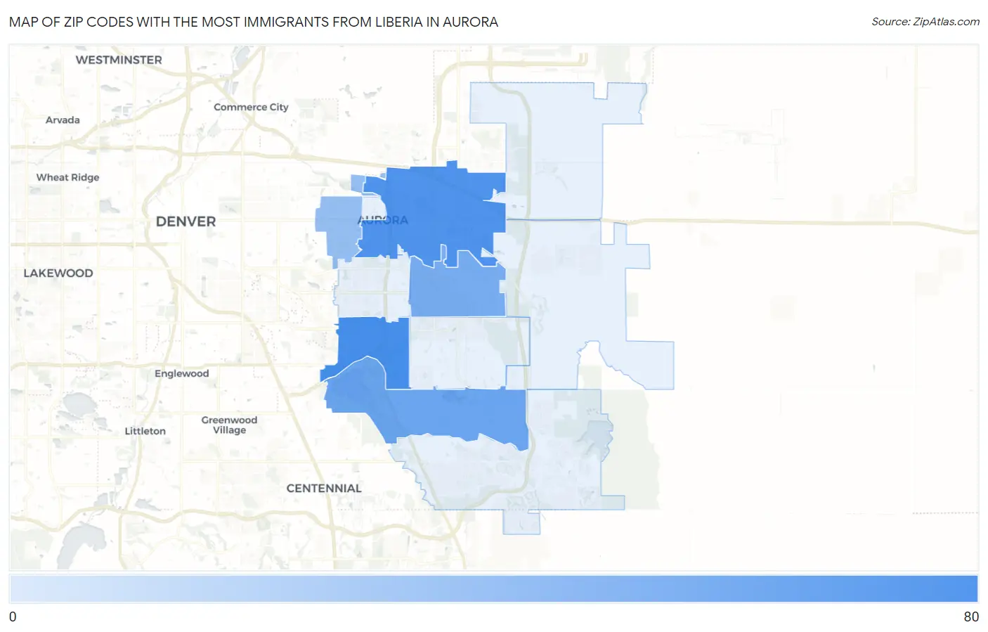 Zip Codes with the Most Immigrants from Liberia in Aurora Map
