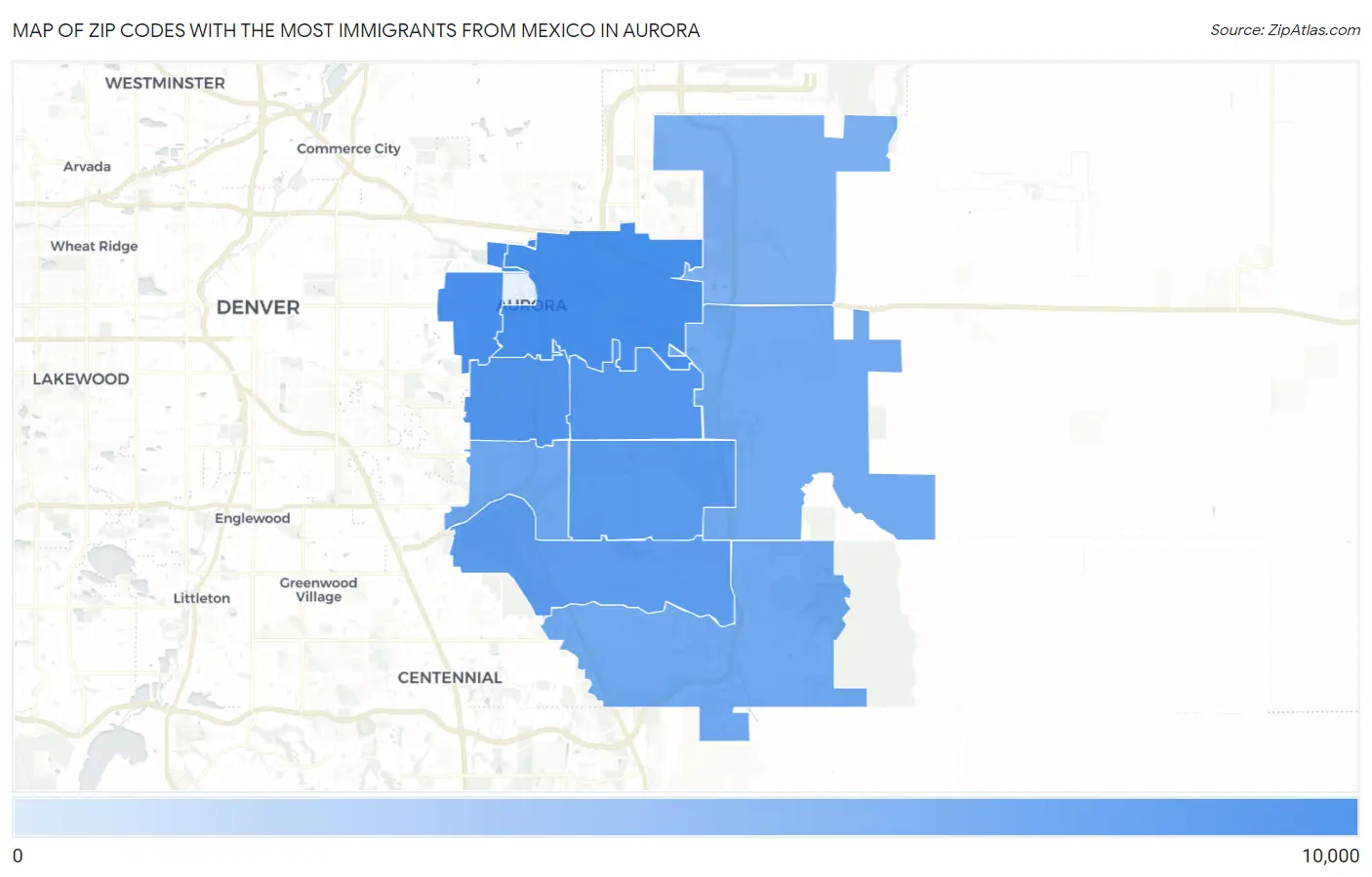 Zip Codes with the Most Immigrants from Mexico in Aurora Map