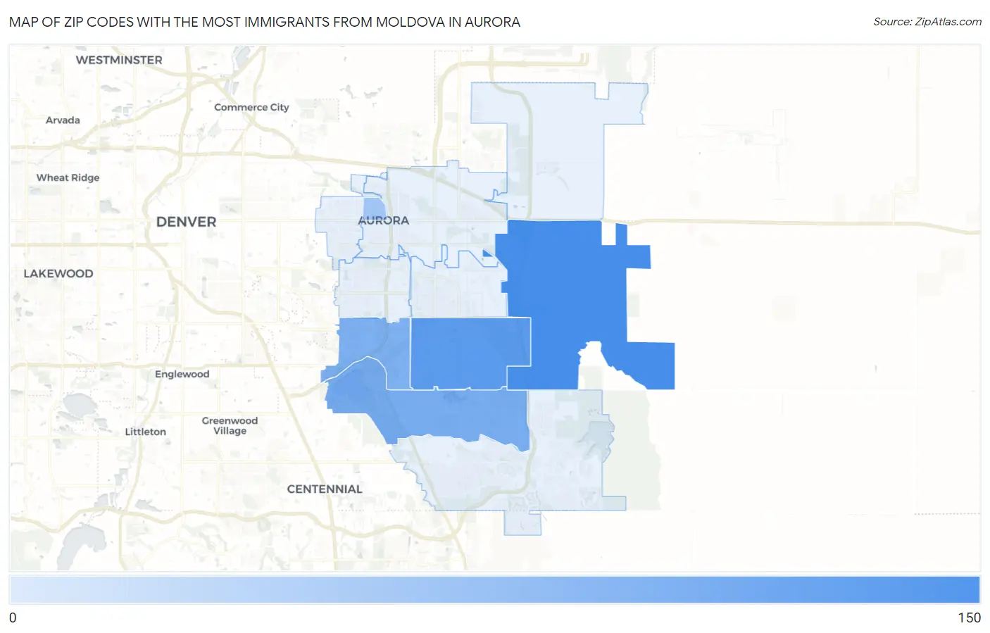 Zip Codes with the Most Immigrants from Moldova in Aurora Map