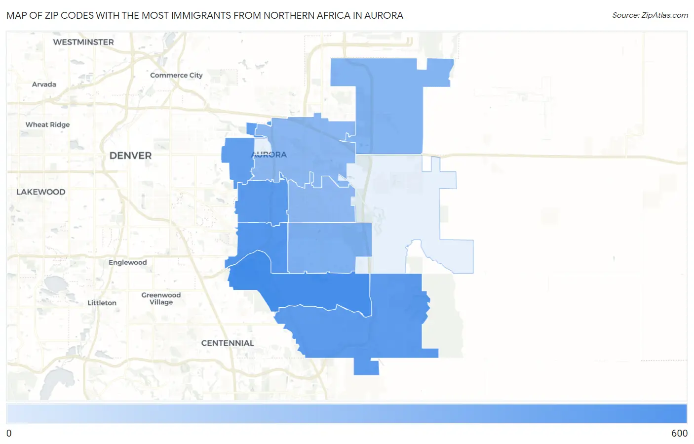 Zip Codes with the Most Immigrants from Northern Africa in Aurora Map