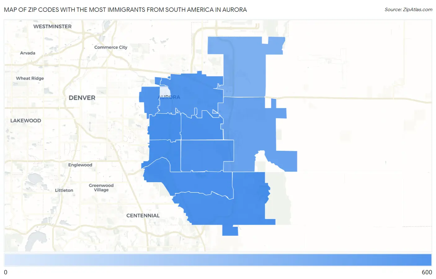 Zip Codes with the Most Immigrants from South America in Aurora Map
