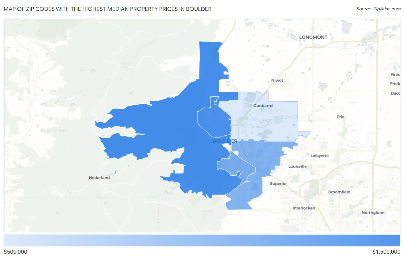 Zip Codes with the Highest Median Property Prices in Boulder Map