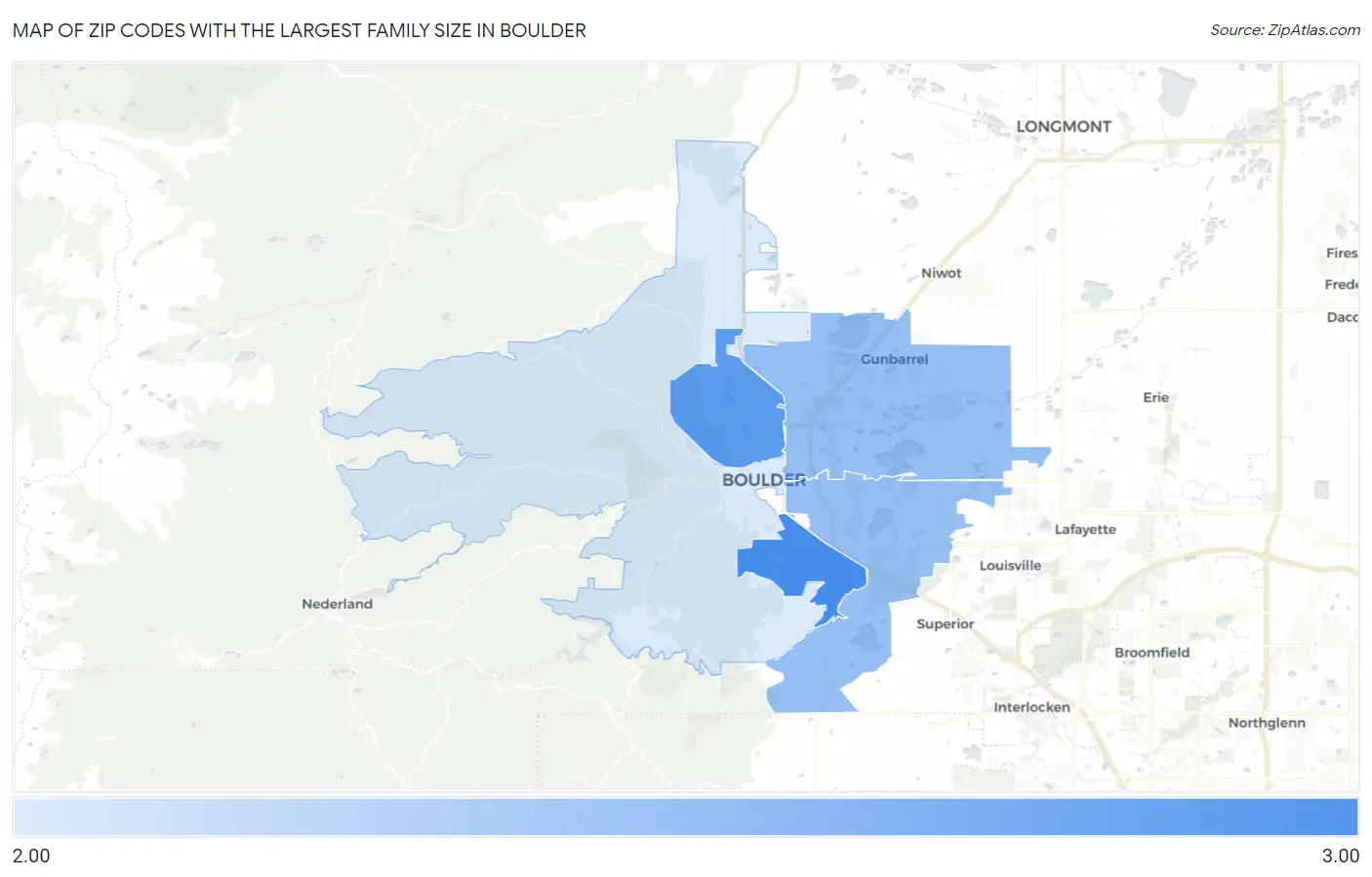 Zip Codes with the Largest Family Size in Boulder Map
