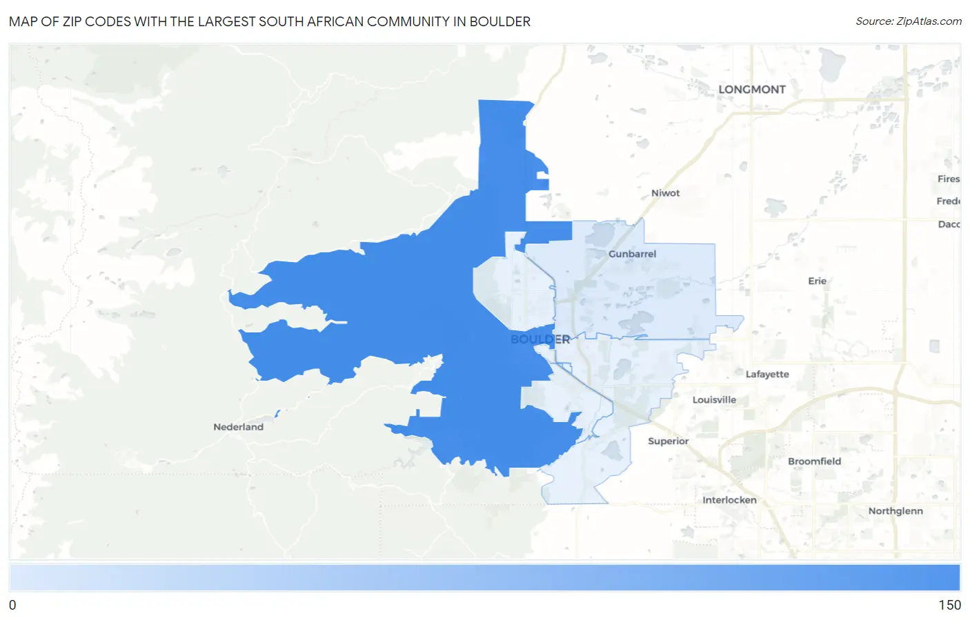 Zip Codes with the Largest South African Community in Boulder Map
