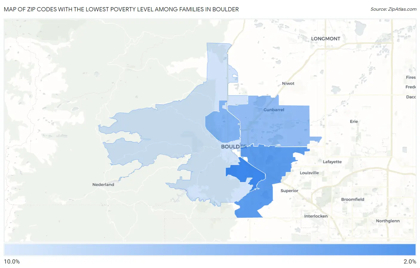 Zip Codes with the Lowest Poverty Level Among Families in Boulder Map