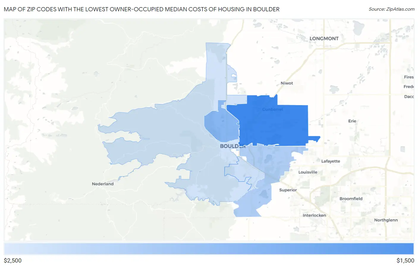 Zip Codes with the Lowest Owner-Occupied Median Costs of Housing in Boulder Map