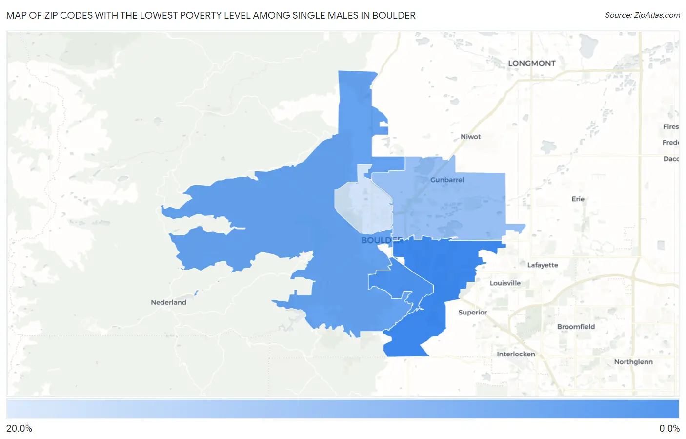 Zip Codes with the Lowest Poverty Level Among Single Males in Boulder Map