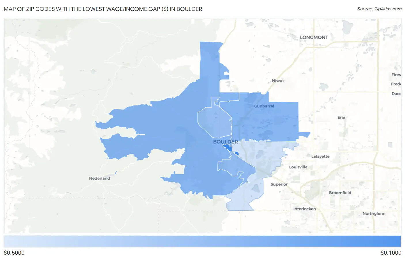 Zip Codes with the Lowest Wage/Income Gap ($) in Boulder Map