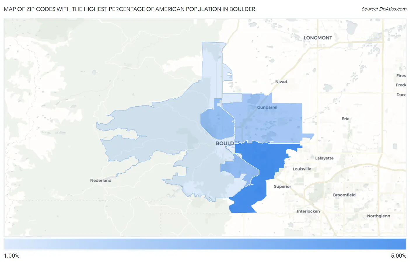 Zip Codes with the Highest Percentage of American Population in Boulder Map