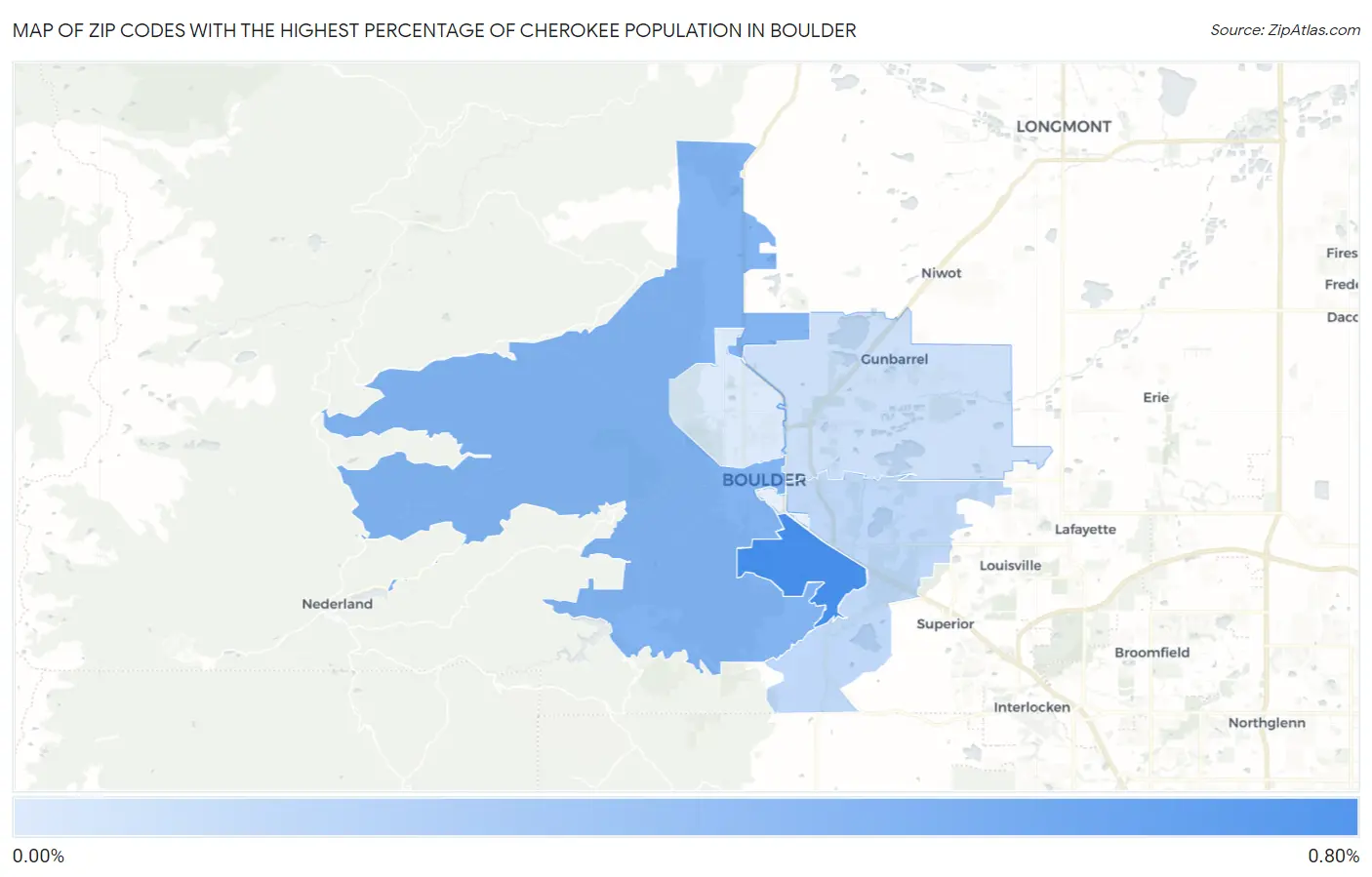 Zip Codes with the Highest Percentage of Cherokee Population in Boulder Map