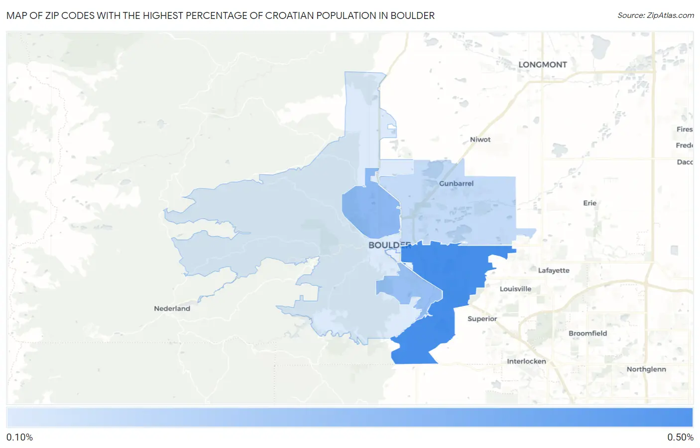 Zip Codes with the Highest Percentage of Croatian Population in Boulder Map