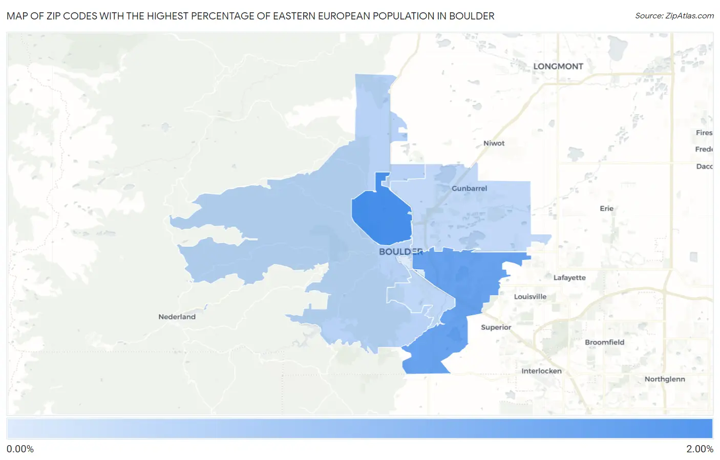 Zip Codes with the Highest Percentage of Eastern European Population in Boulder Map