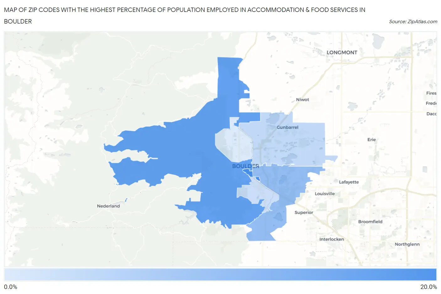Zip Codes with the Highest Percentage of Population Employed in Accommodation & Food Services in Boulder Map