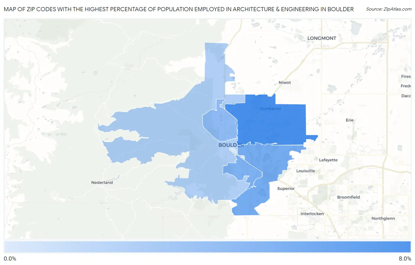 Zip Codes with the Highest Percentage of Population Employed in Architecture & Engineering in Boulder Map