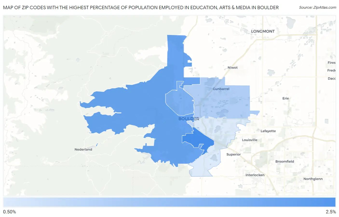 Zip Codes with the Highest Percentage of Population Employed in Education, Arts & Media in Boulder Map
